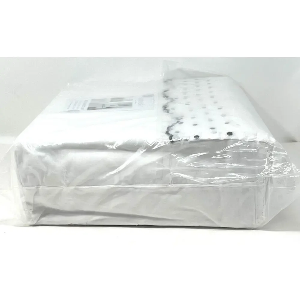 Shabby Chic Embroidered King Sheet Set Scallop Dot Navy Blue White 100% Cotton
